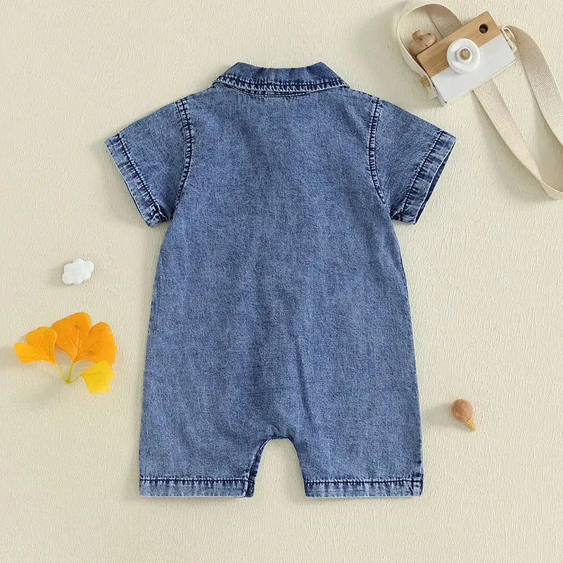 Boys blue cotton short sleeve one-piece romper for summer, western style, sizes 0-3M to 12-18M