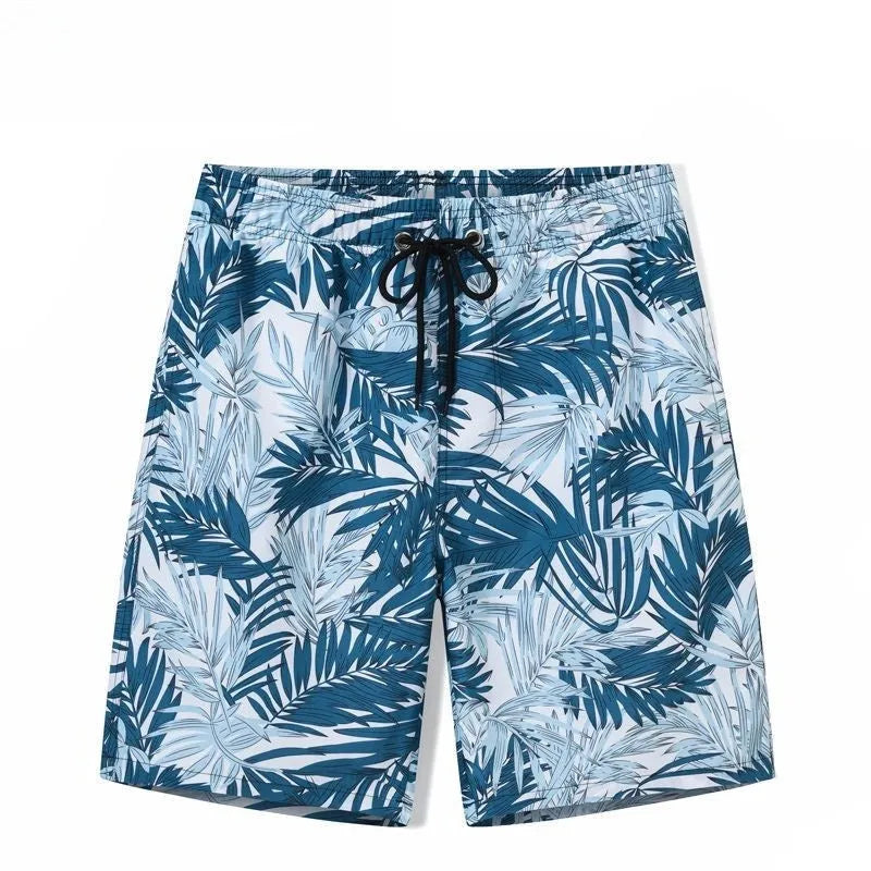 Men's quick-drying nylon swimming trunks in leaf print, sizes S to 5XL, with triangle or boxer lining