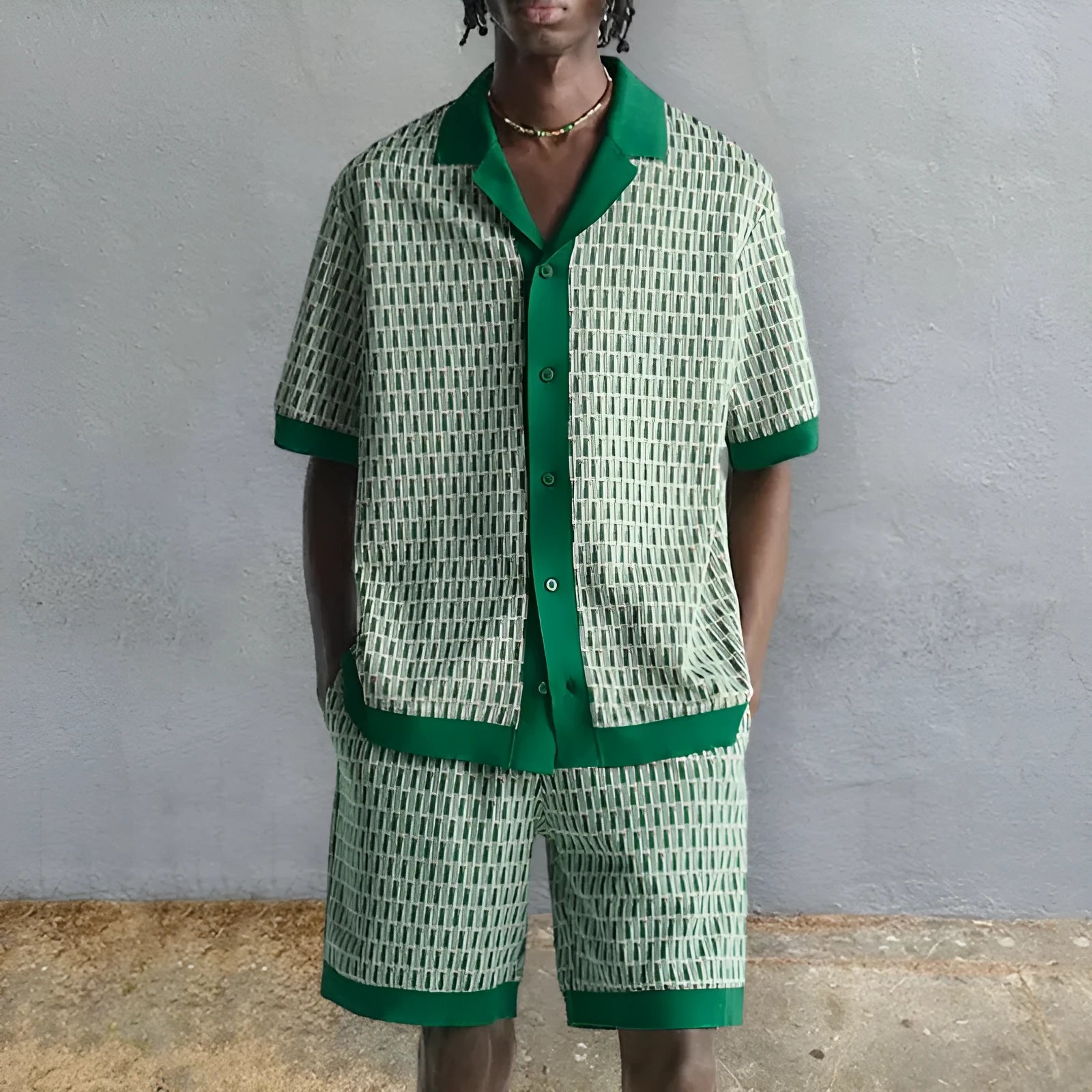 Men's printed short-sleeve shirt and matching shorts beachwear two-piece set