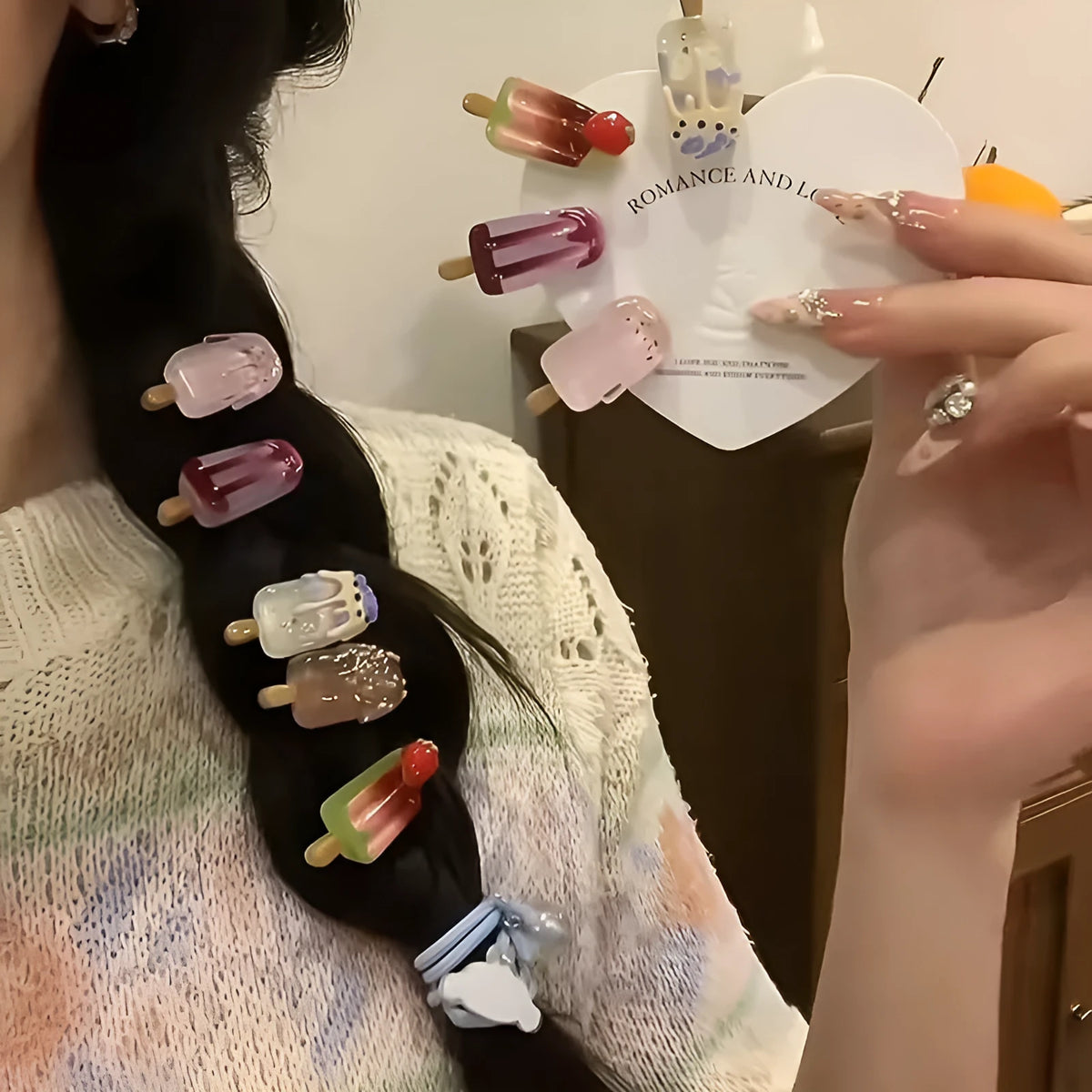 Cartoon ice cream design resin hair barrette side clip in beige, brown, pink, purple, or red.