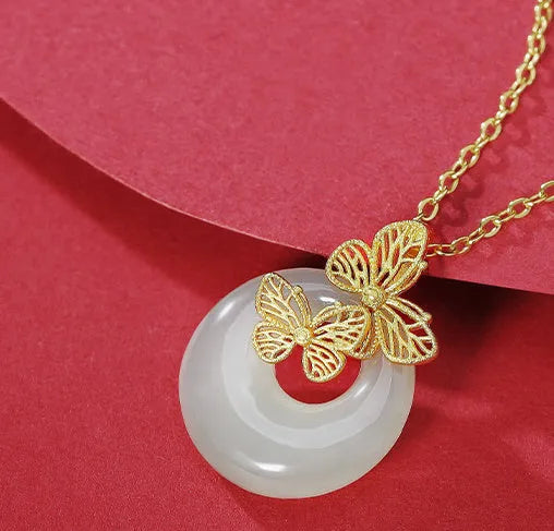 Hetian jade 925 silver butterfly dream peace buckle pendant necklace
