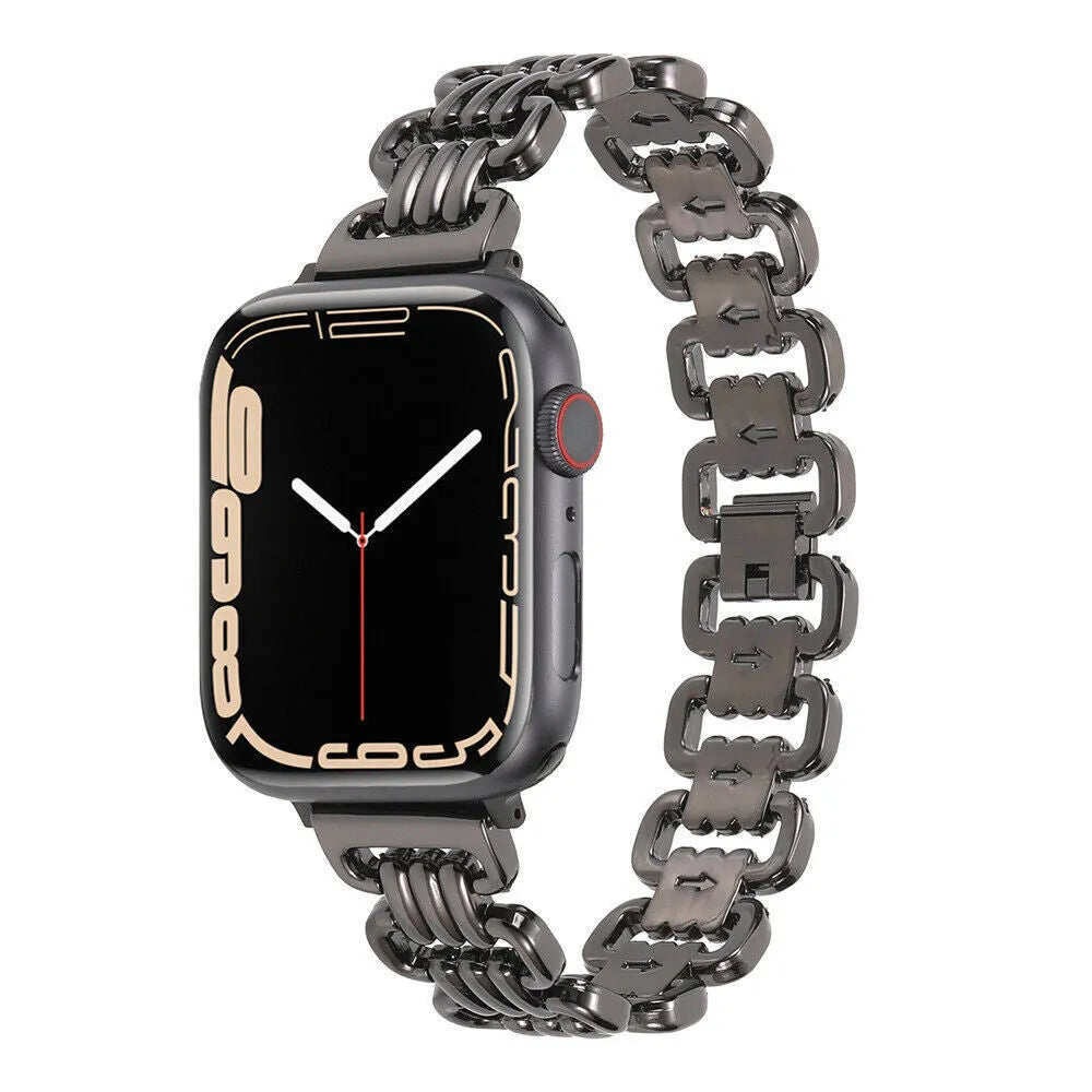 Alloy metal ladies watch bracelet for Apple Watch in silver, black, gold, rose gold, and Starlight colours.