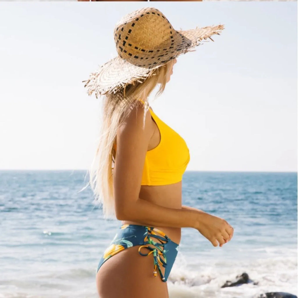 Yellow bikini swimsuit for women, sleeveless nylon swimwear with cotton blend lining, sizes S to 2XL