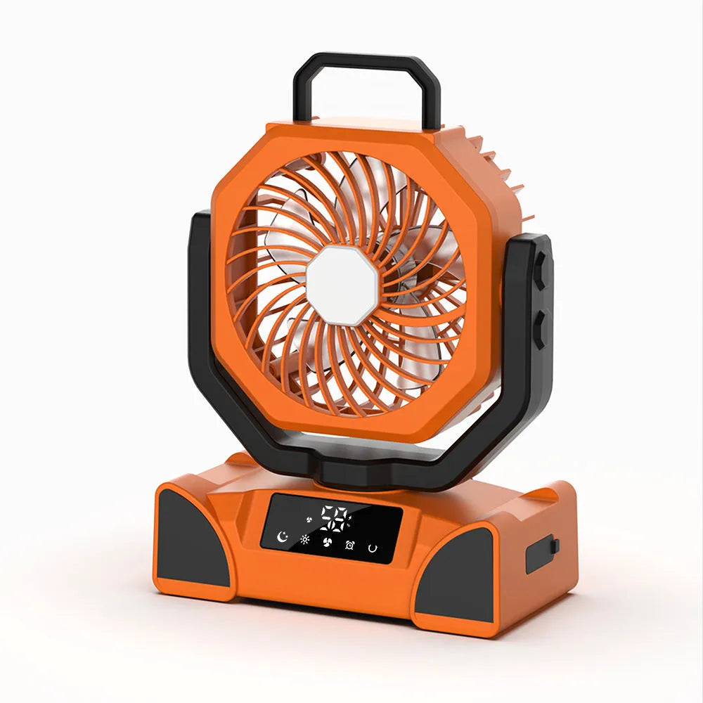 Portable rechargeable fan with remote control, shaking head, light and mobile power in F6 orange, army green or black