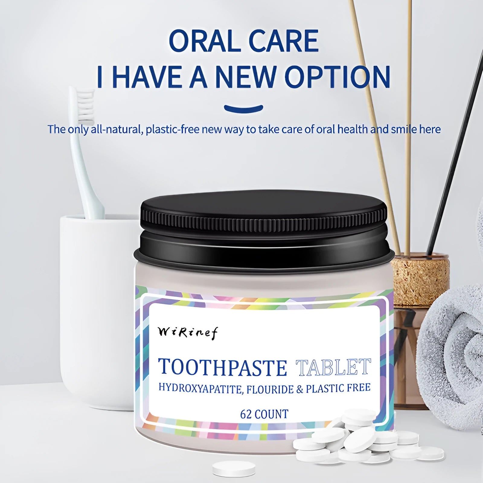Pack of 62 white solid toothpaste tablets with mint flavour for portable chewing oral care