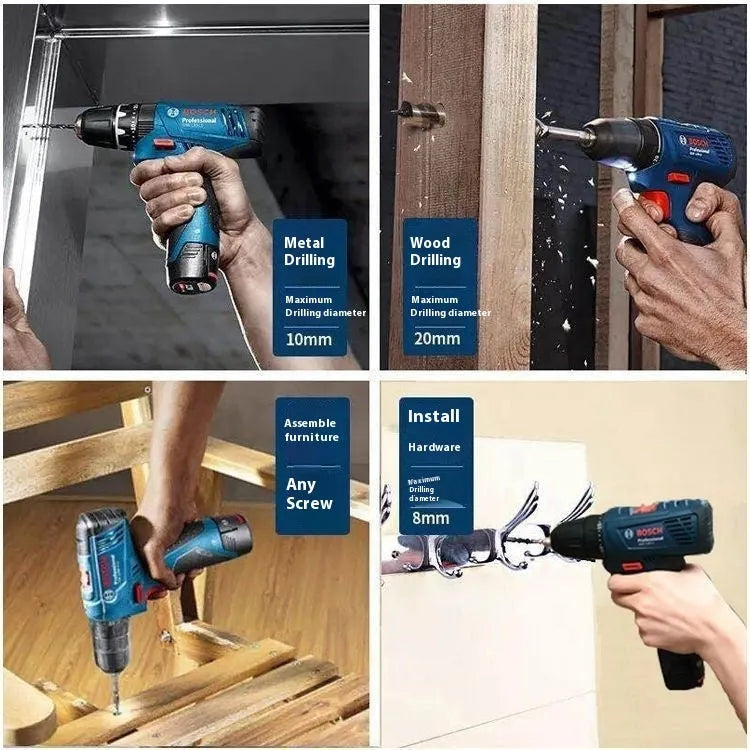 Cordless electric drill and screwdriver with 10mm chuck, 1300 rpm, two batteries and instruction manual.
