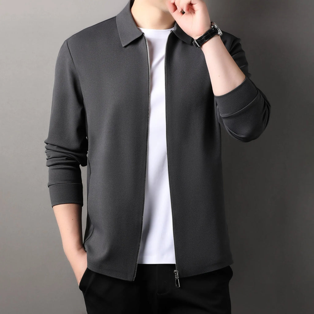 Men's polyester business casual jacket in black, dark grey or apricot with long sleeves and straight hem.