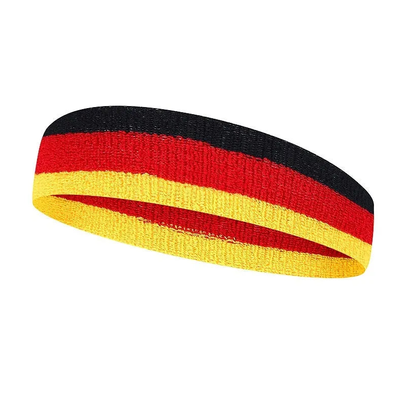 Adult sports headband in multiple colour combinations including black red yellow and blue white red.