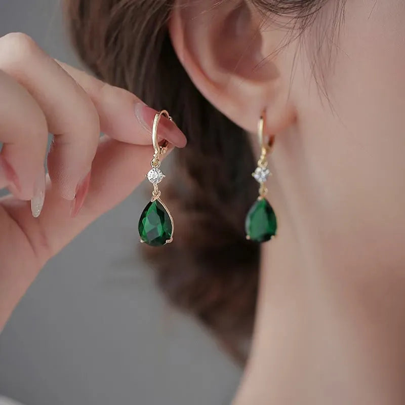 Green geometric teardrop alloy earrings with post back fittings