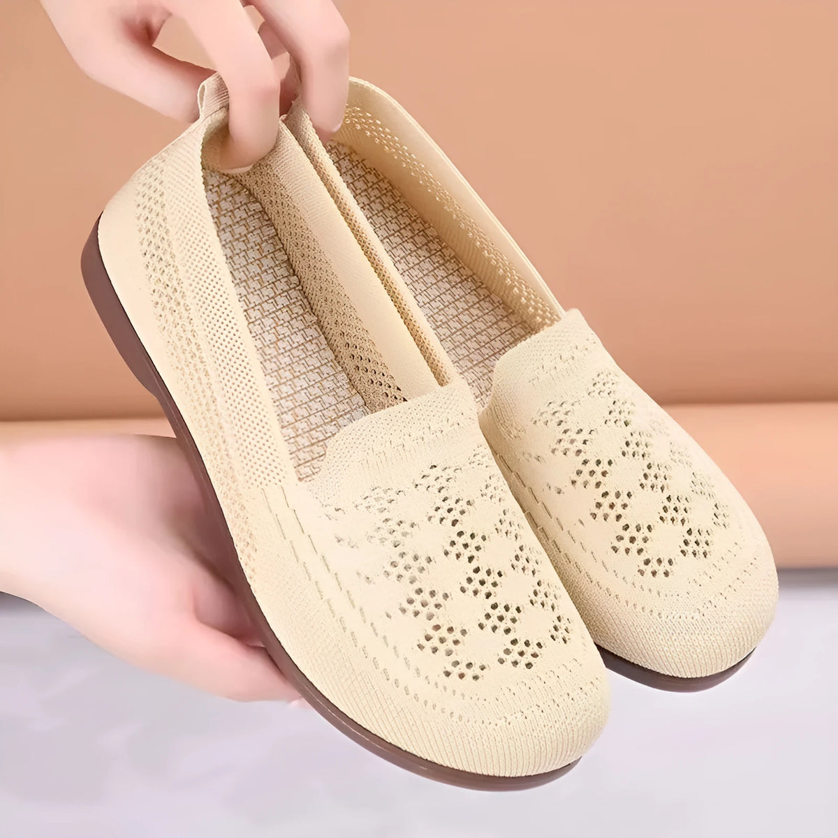 Women's beige anti-skid tennis shoes with mesh uppers and PVC soles for wide feet