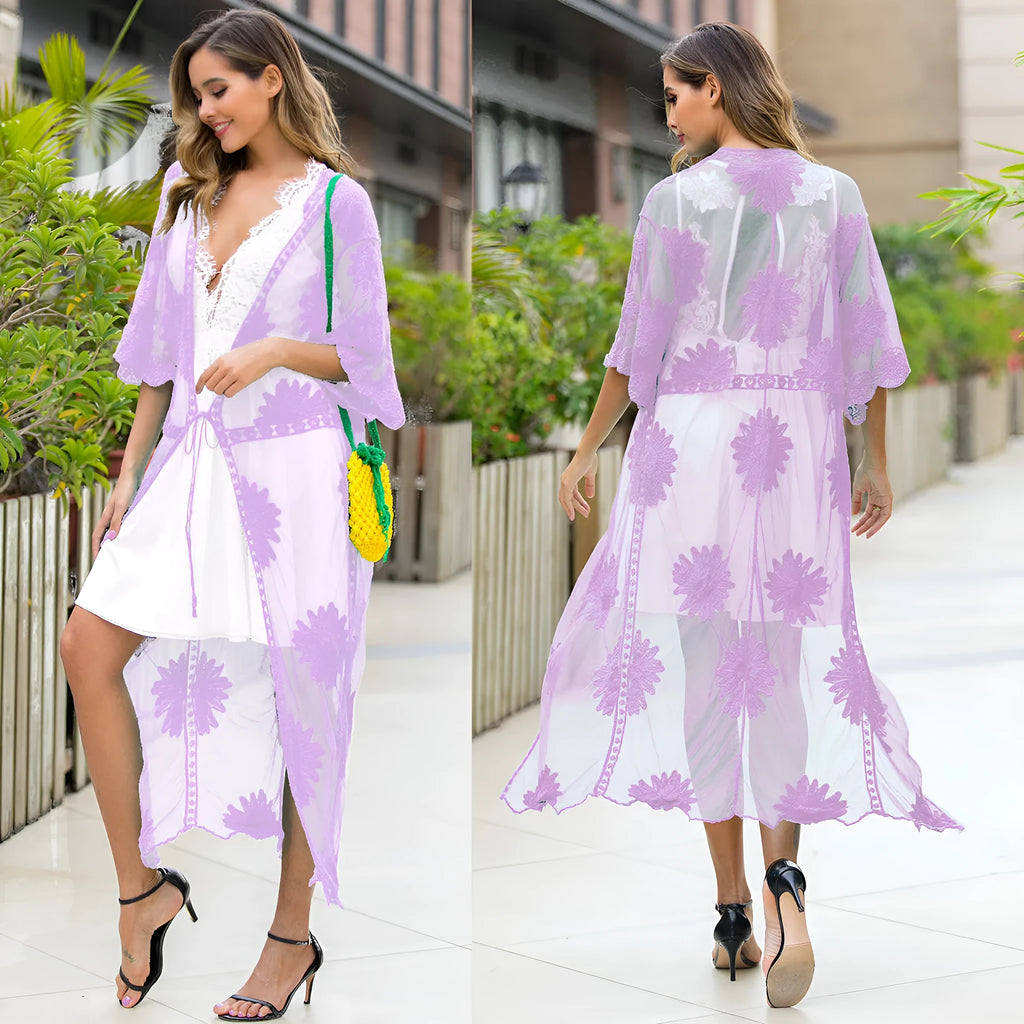 Light purple women's beach dress cardigan with lace embroidery details