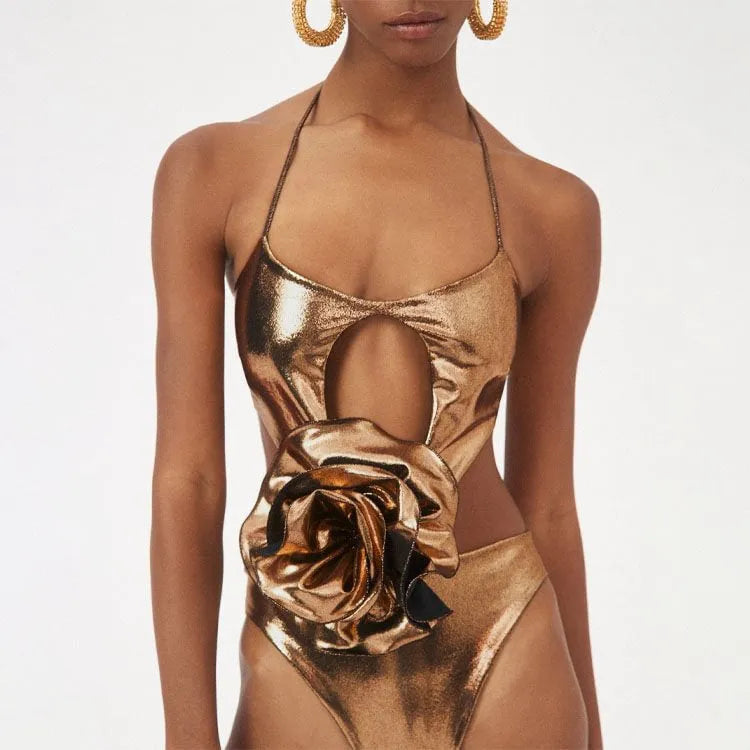 Gold handmade one-piece swimsuit with hollow out halter neck design
