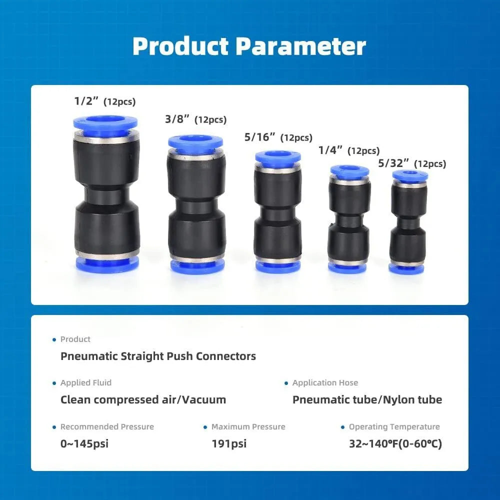 60-piece pneumatic push-in connector kit showing alloy plastic fittings with R1/4 and R1/2 threads