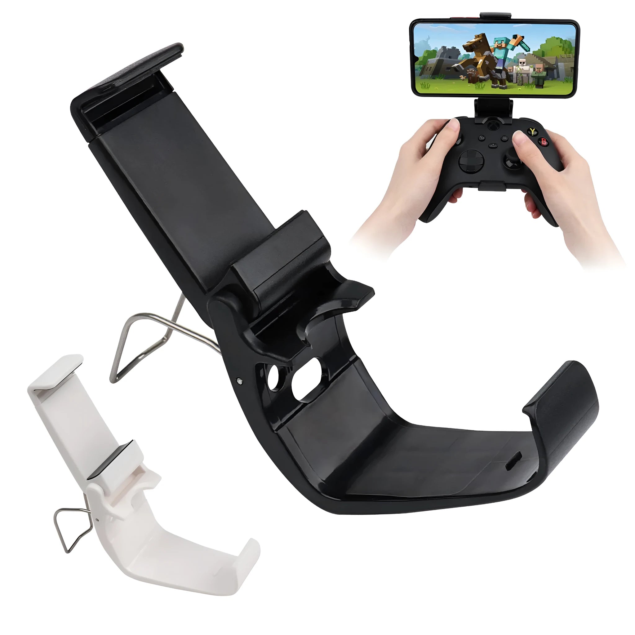 Black XSX mobile game clip bracket attached to an Xbox Series controller, showing ABS construction and compact size.