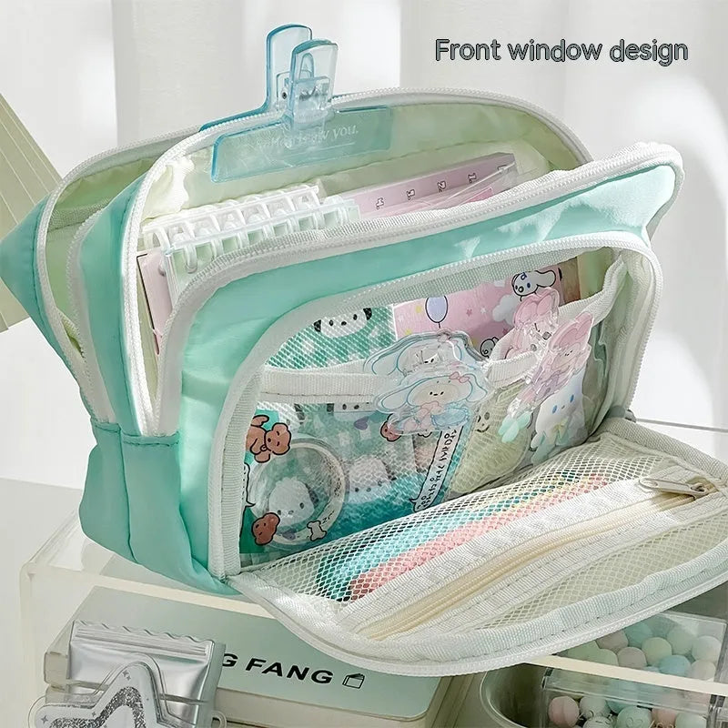 Double layer pencil case in mint green with gift handle showing dimensions 215 x 135 x 85mm