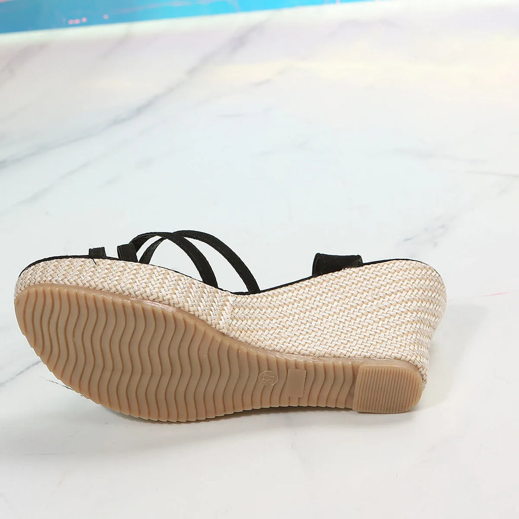 Women's black wedge sandals with fish mouth toe open design and fabric upper.