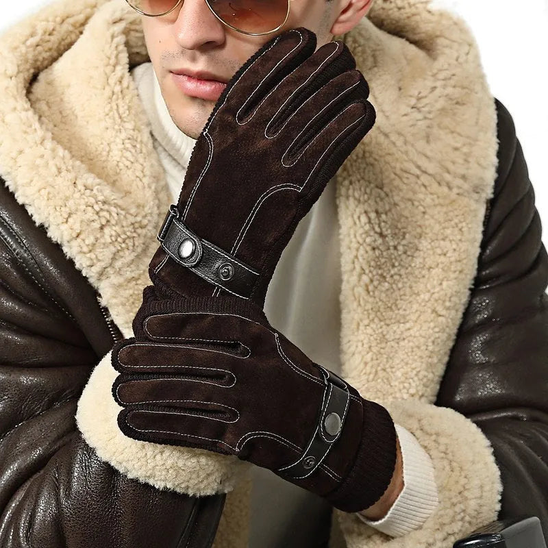 Men's warm genuine pigskin leather touch screen gloves in brown with fleece lining