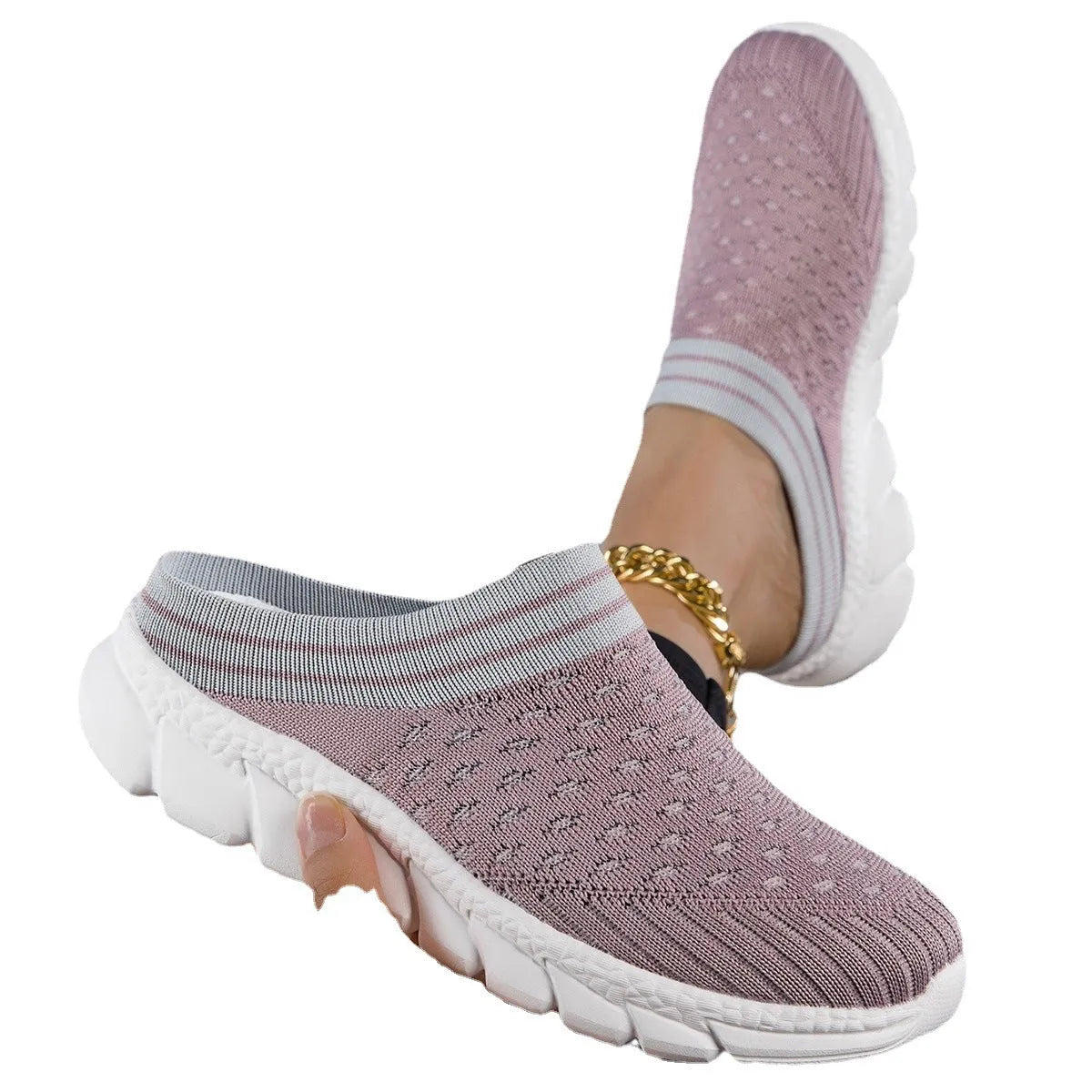 Women's black striped Flyknit casual slipper shoes with hollowed-out design and height increasing sole.