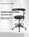 Black leather dental patient chair with hydraulic foot pump mechanism for height adjustment