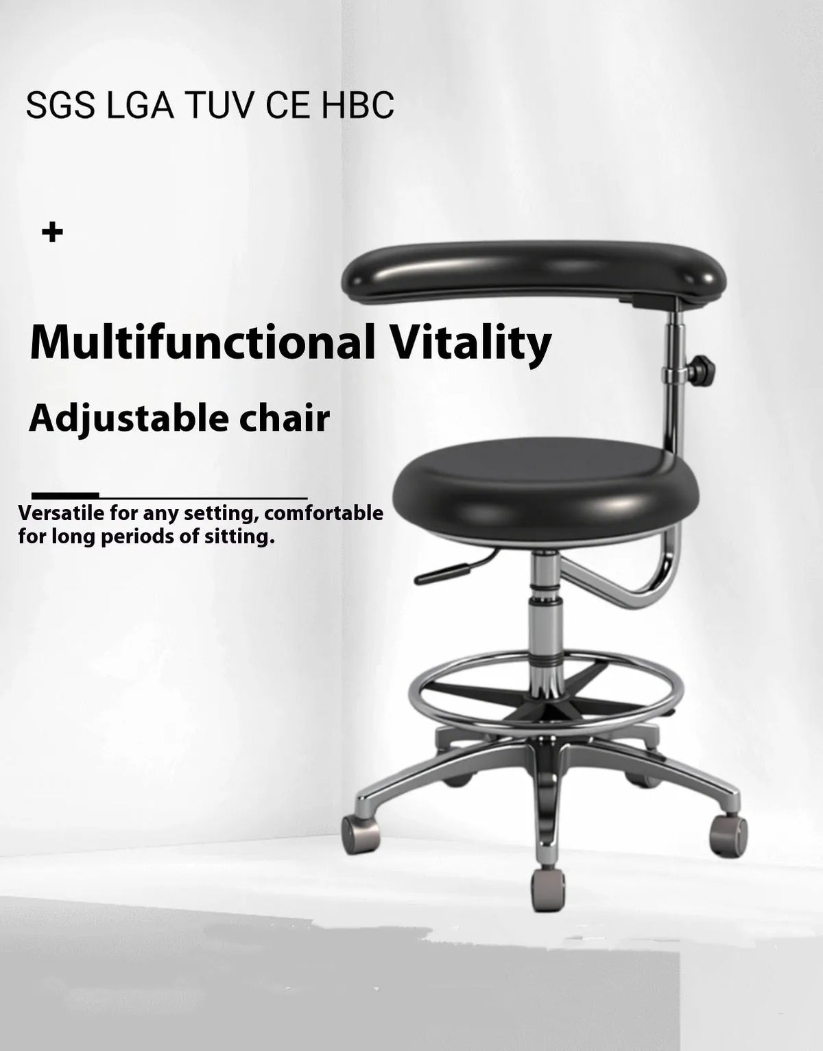 Black leather dental patient chair with hydraulic foot pump mechanism for height adjustment