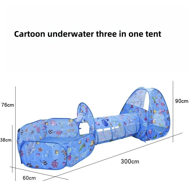 Colourful marine cartoon children's cloth tent with integrated ball pool and play tunnel.