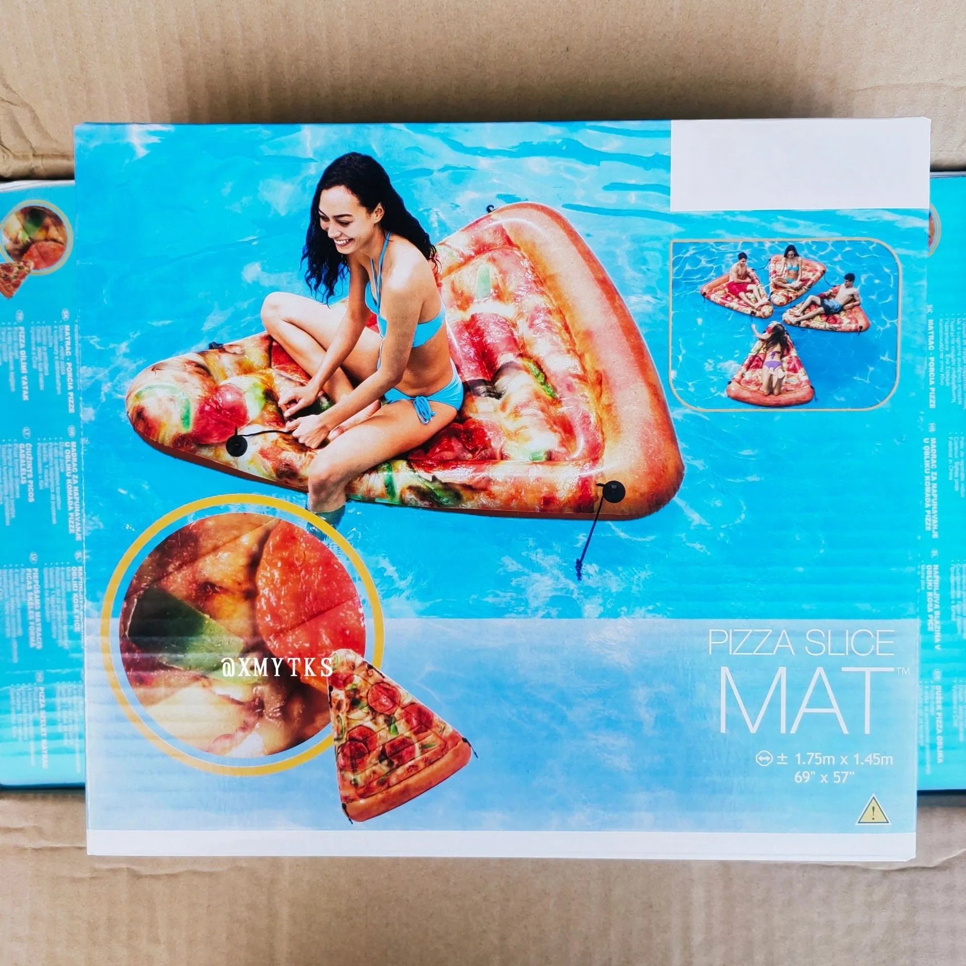 Large inflatable pizza slice surfboard float for swimming pools