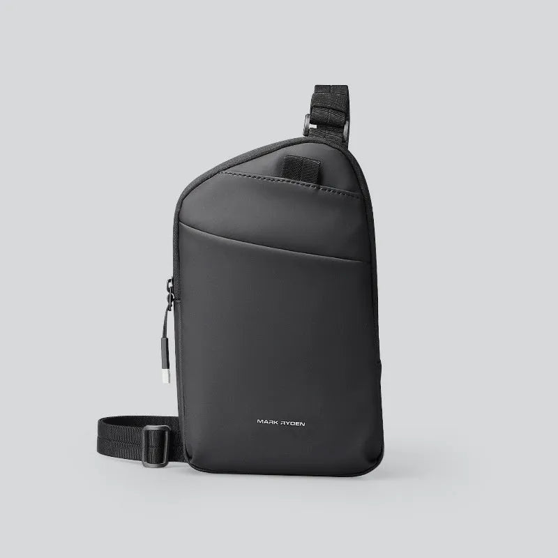 Elegant black men's lightweight crossbody bag made from Oxford cloth with sewing thread detail.