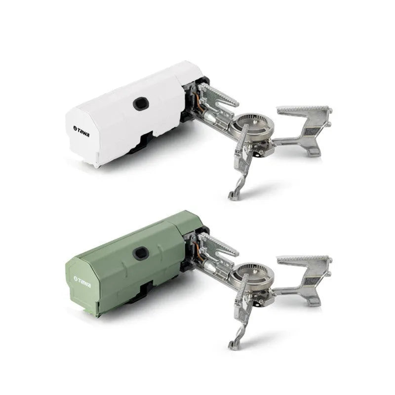 Green folding camping gas stove with storage bag showing compact 25cm size