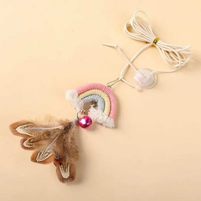 Feather cat rope door swing toy with elastic cord and sticky buckle clamp in blue colour
