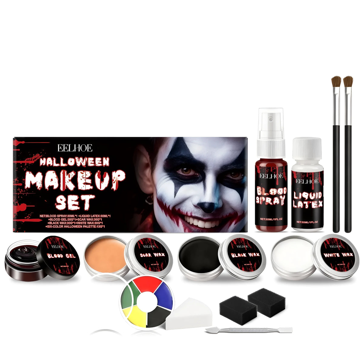 Halloween makeup set with 30ML fake blood spray, liquid latex, blood gel, scar wax, black wax, white wax and six-colour disc