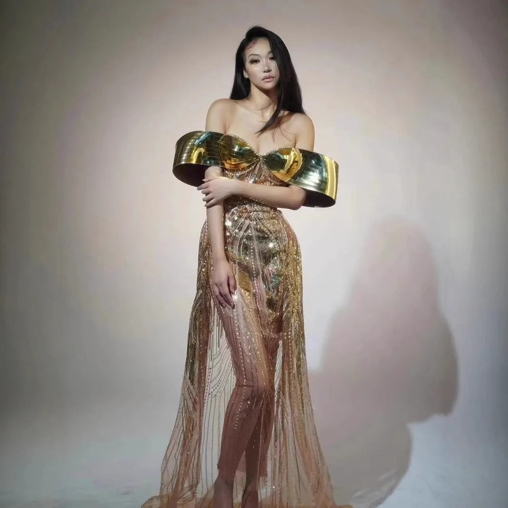 Gold strapless sequin dress with tulle overlay and side split, formal evening gown for women