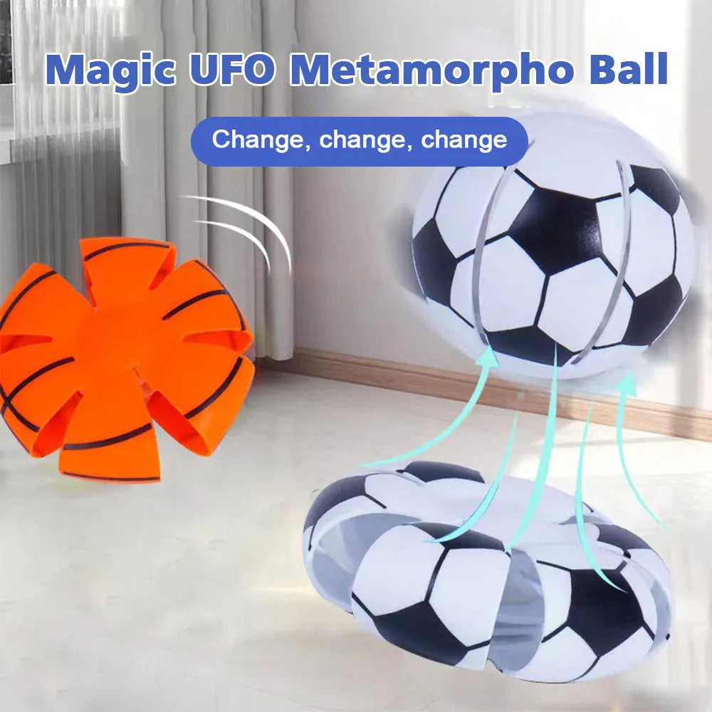 Interactive dog toy showing transformation from glowing ball to magic flying disc