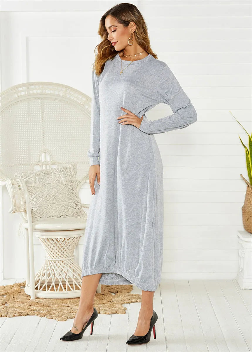 Black loose lantern dress with lace-up crew neckline and long sleeves