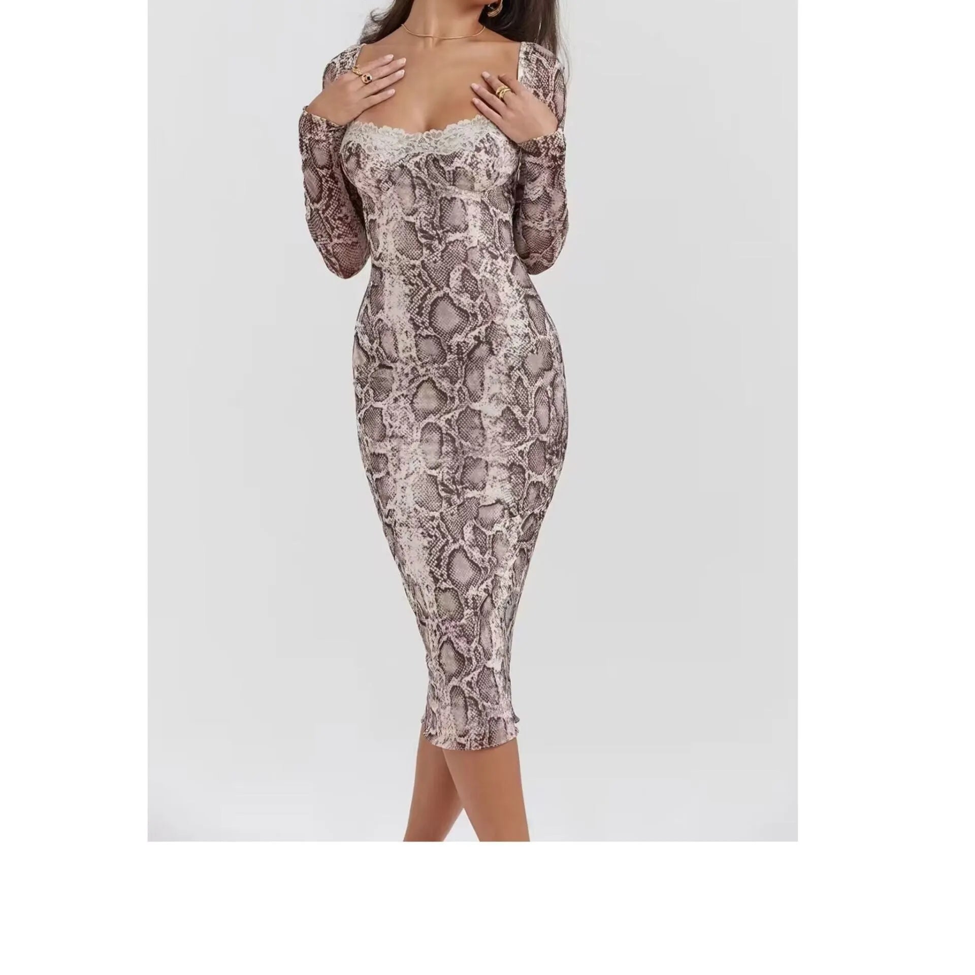Grey A-line lace dress with long sleeves and a 3D digital print pattern