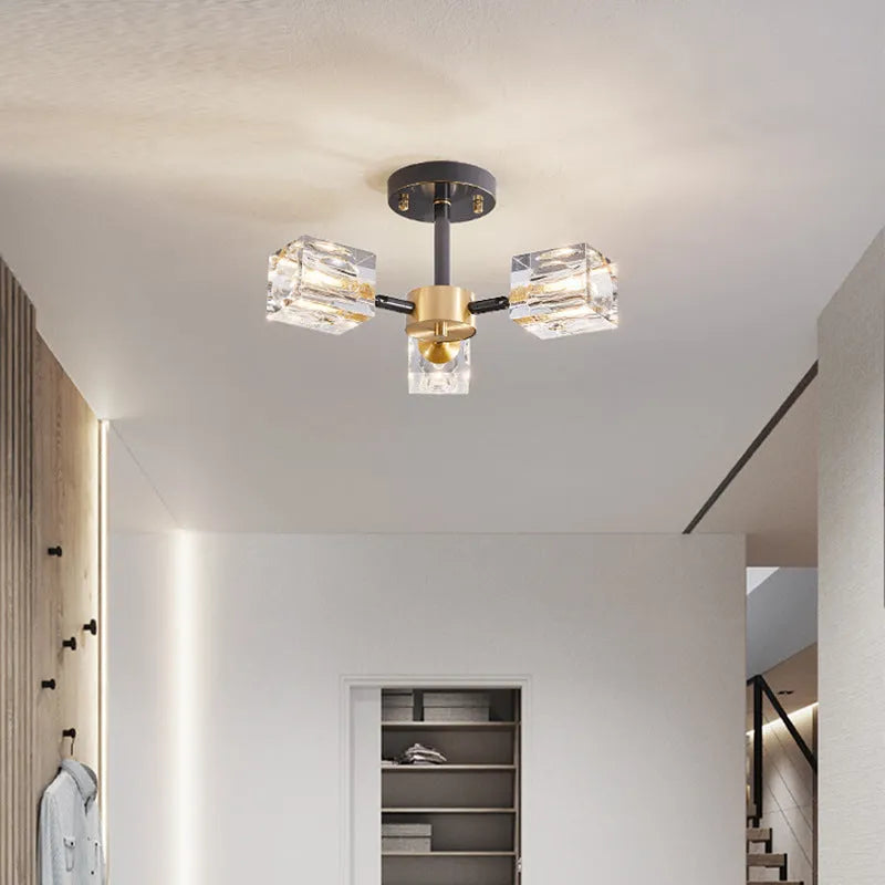 Six-head copper crystal ceiling lamp in black gold or copper finish, 110V, with full spectrum variable light