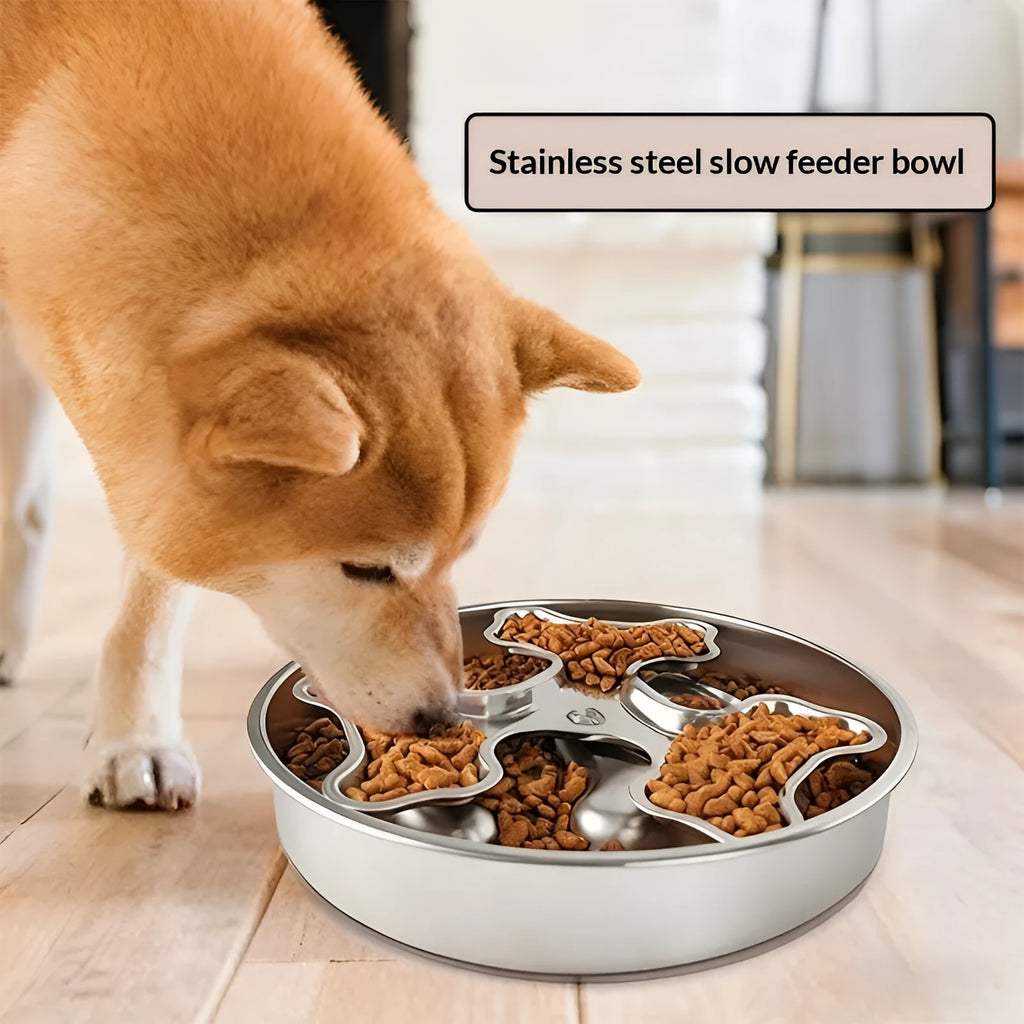 304 stainless steel rotating slow-feeding pet bowl with bone design for dogs and cats
