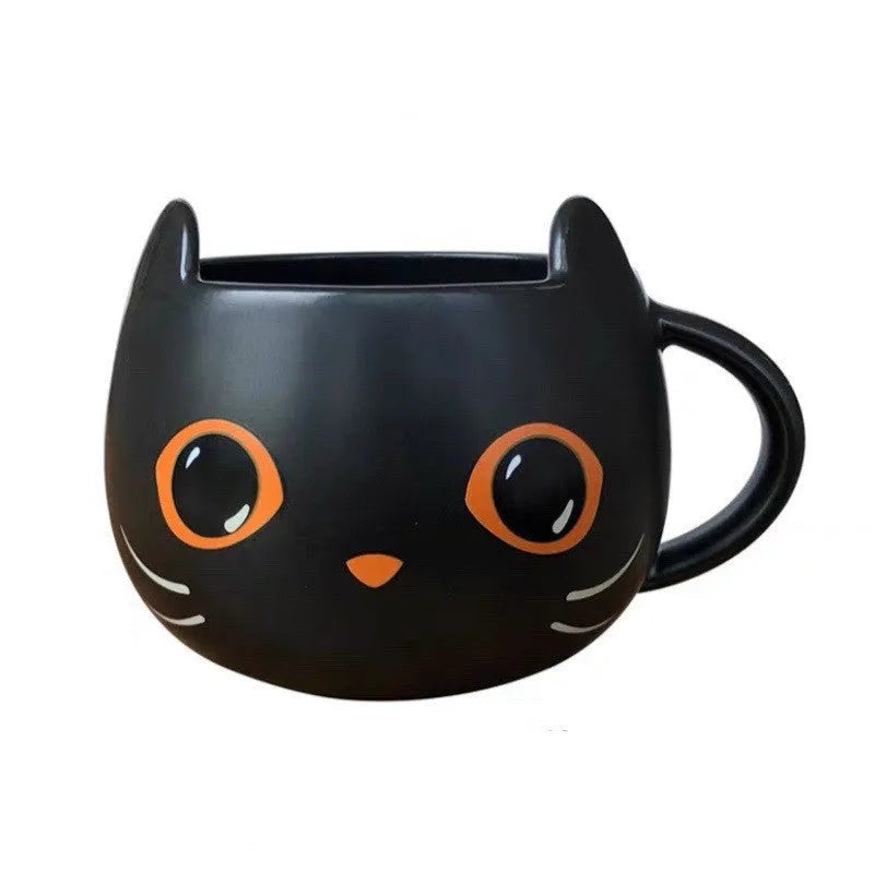 Black ceramic cat-shaped mug with covered spoon lid, 355ml capacity