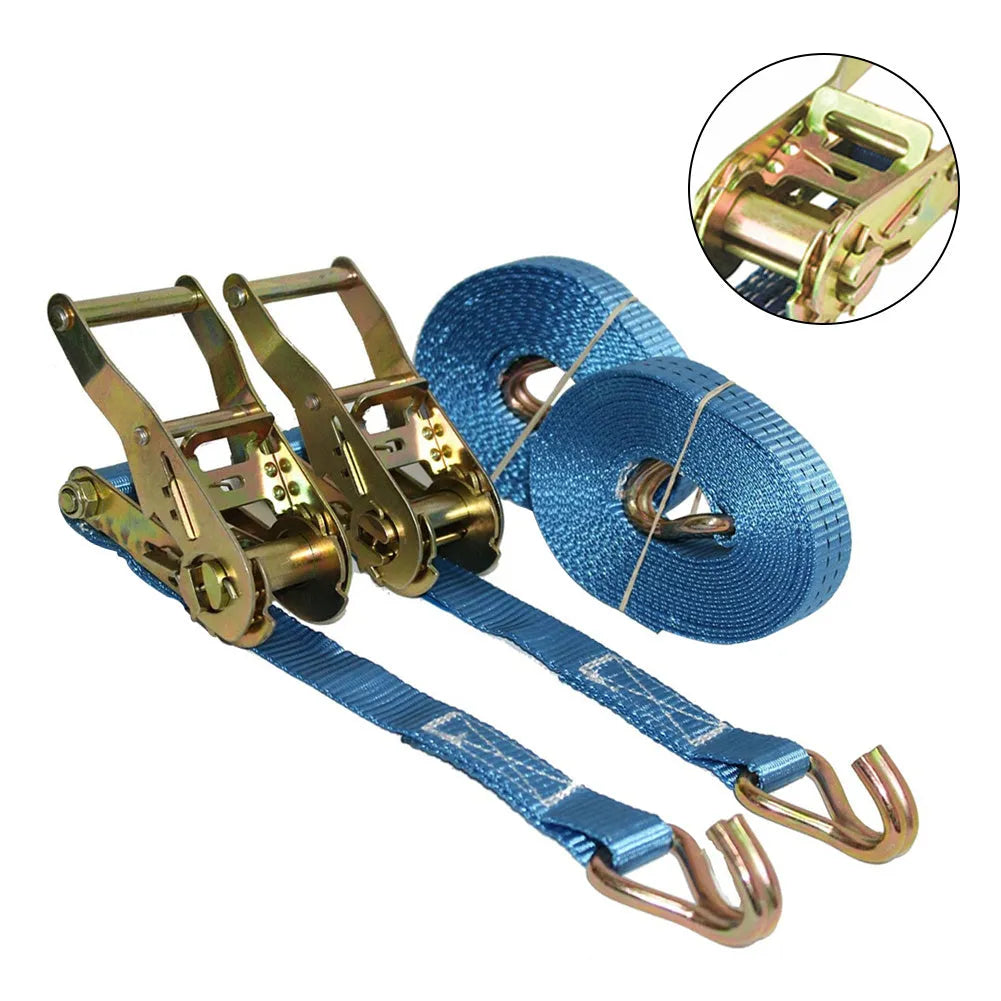 Steel ratchet tensioner strap with double triangle hooks and polyester webbing for furniture and cargo securing