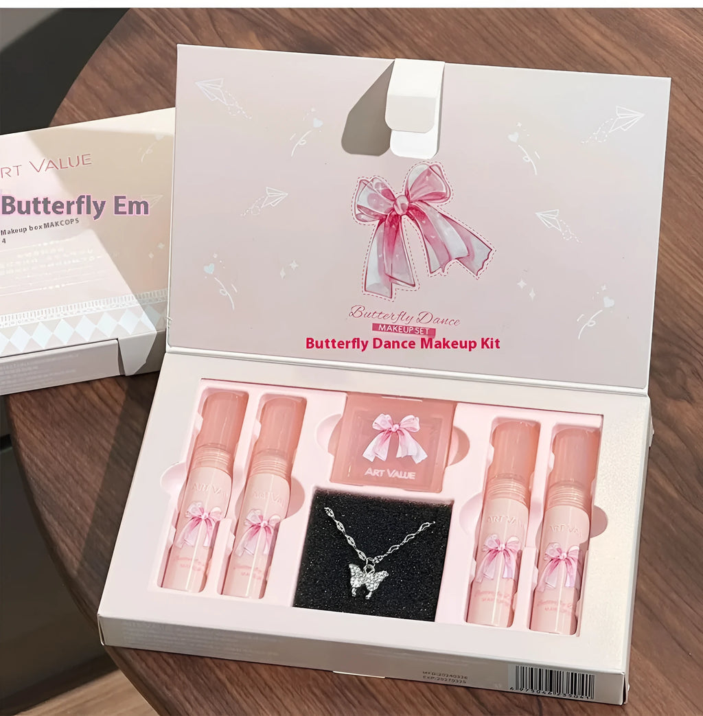 Butterfly Box pink makeup set with four matte lip muds, powder blusher and matching necklace
