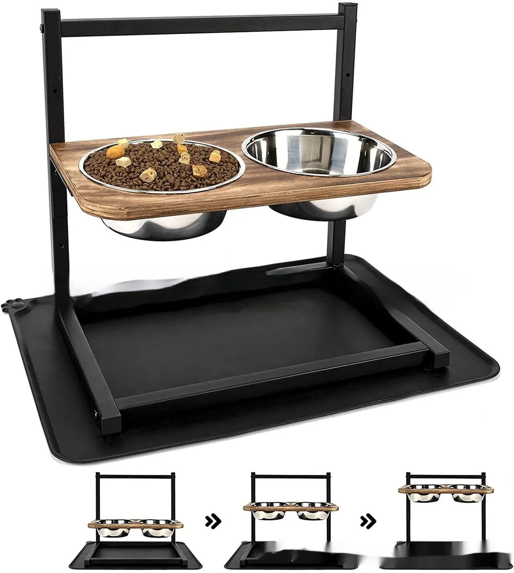 Large raised dog bowl stand with two bowls, iron frame, 42x30x40cm, 5-inch, 9-inch and 13-inch heights