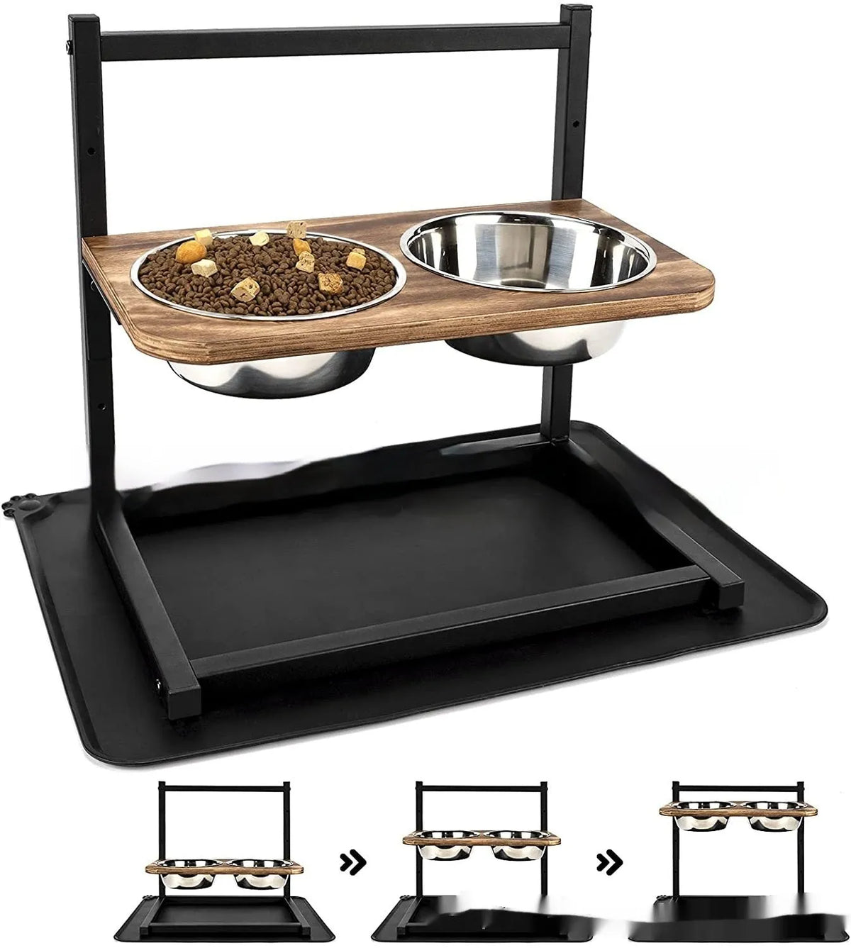 Large raised dog bowl stand with two bowls, iron frame, 42x30x40cm, 5-inch, 9-inch and 13-inch heights