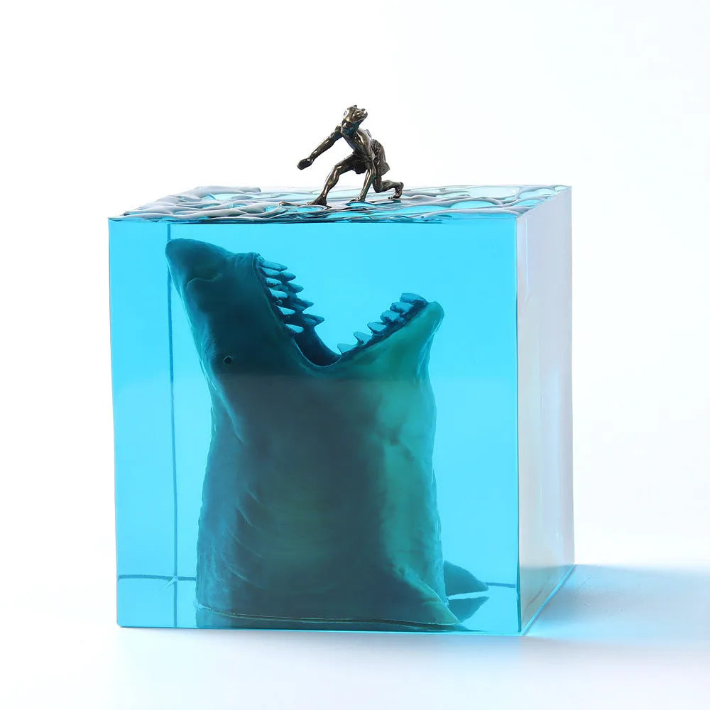 Ocean shark surfer micro landscape night light made of clear epoxy resin on a plastic stand