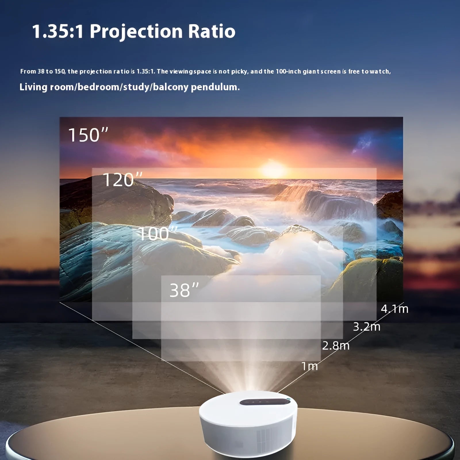 White HD home projector with remote control for bedroom cinema viewing