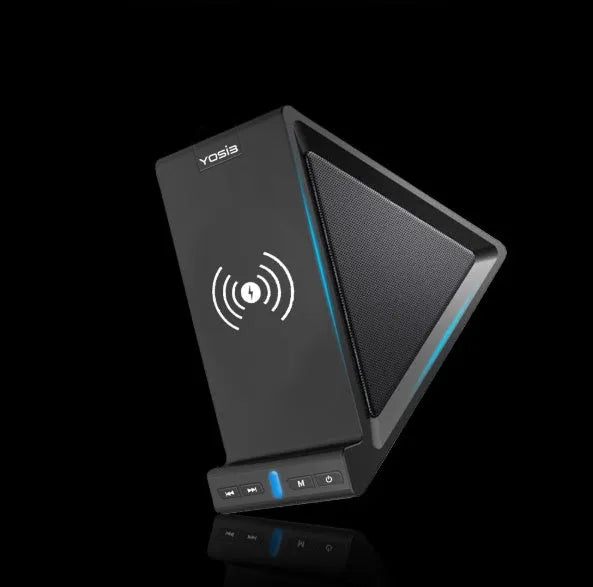 Black Bluetooth speaker with integrated phone stand featuring wireless charging and 2000mAh power bank