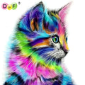 Square drill diamond embroidery kit for home decor, shown in sizes from 20x20cm to 50x50cm with adhesive canvas and applicator tool.