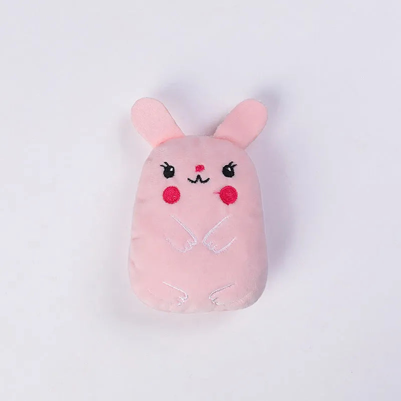 Plush catnip chewing toy for teeth grinding with vocal sounds, shown in assorted colours