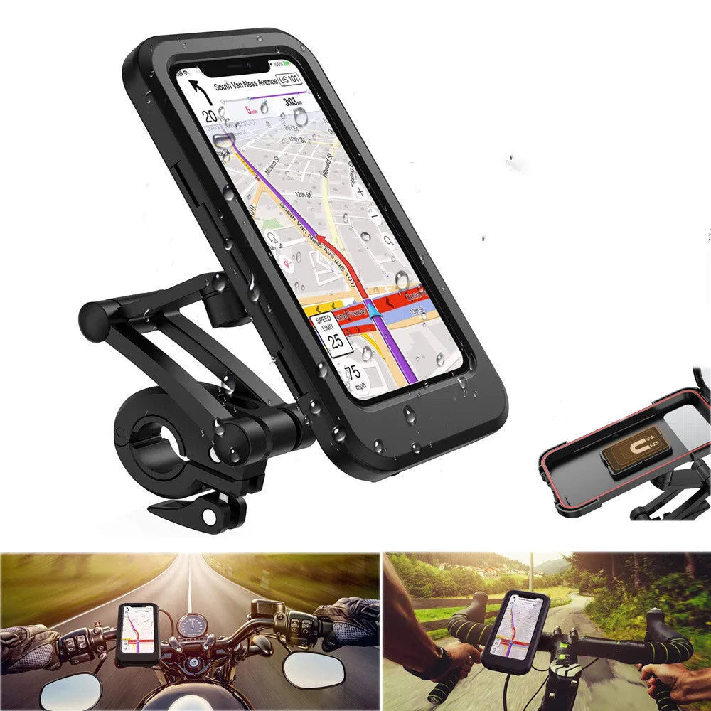 Black waterproof bike phone holder mount with magnetic suction for 4 to 6.7 inch phones on handlebar