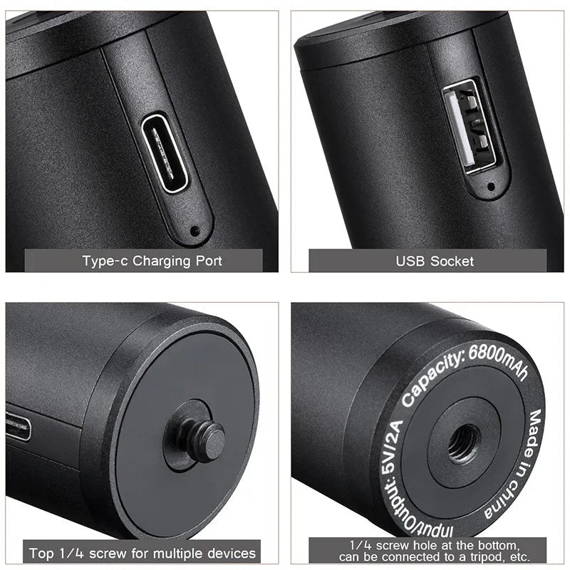 Black aluminium alloy power bank handle with 6800mAh capacity, shown next to a mobile phone.