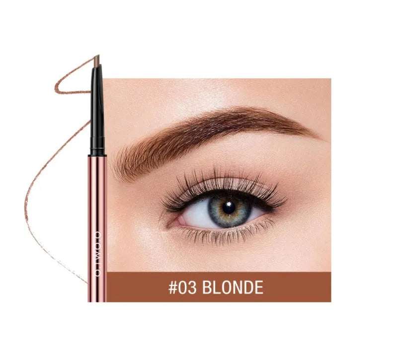 A brow make-up pencil in a colour box, showing six available shades like Auburn, Blonde, Caramel, and Taupe.