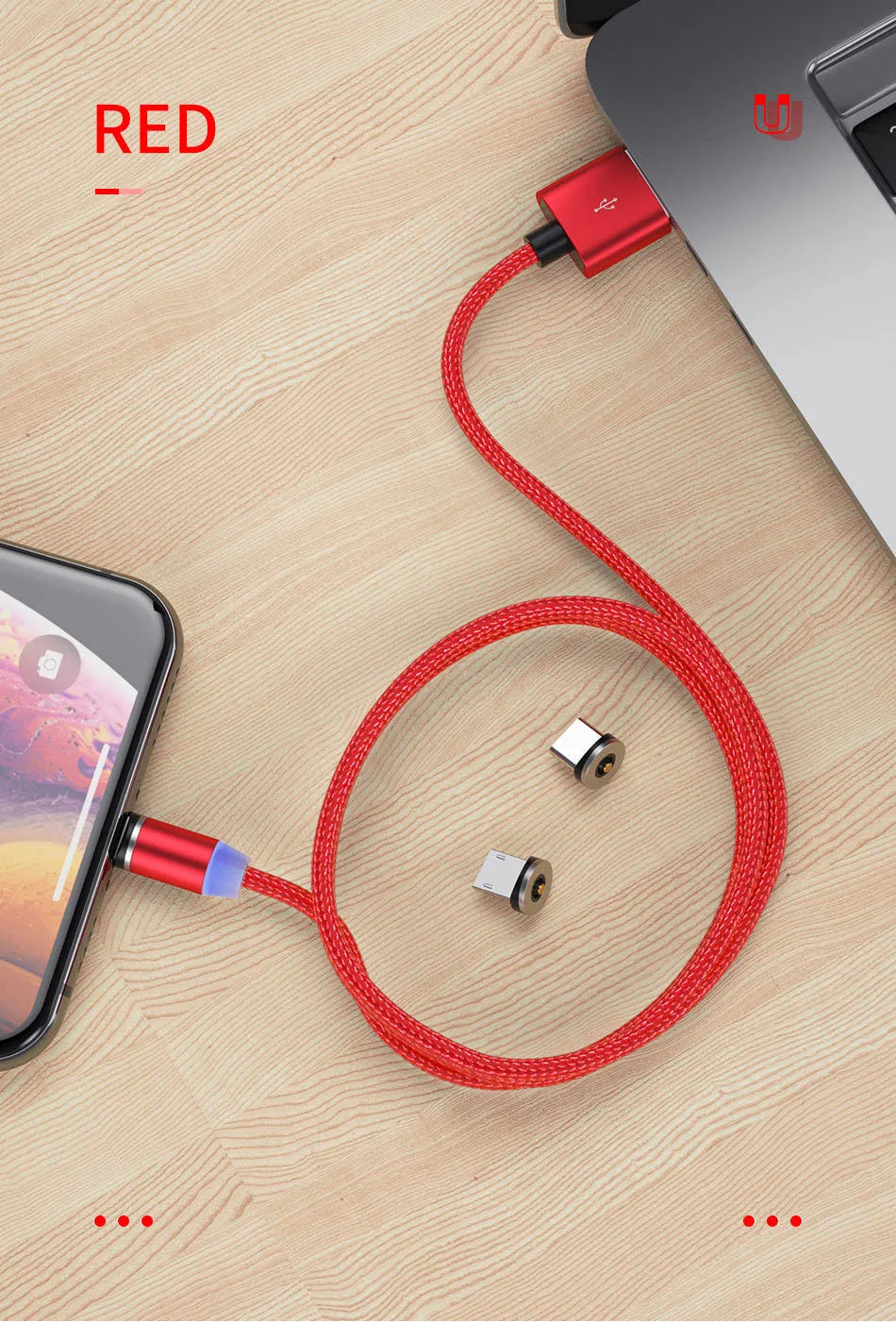 Magnetic USB charging cable with LED indicator in black and red colour options